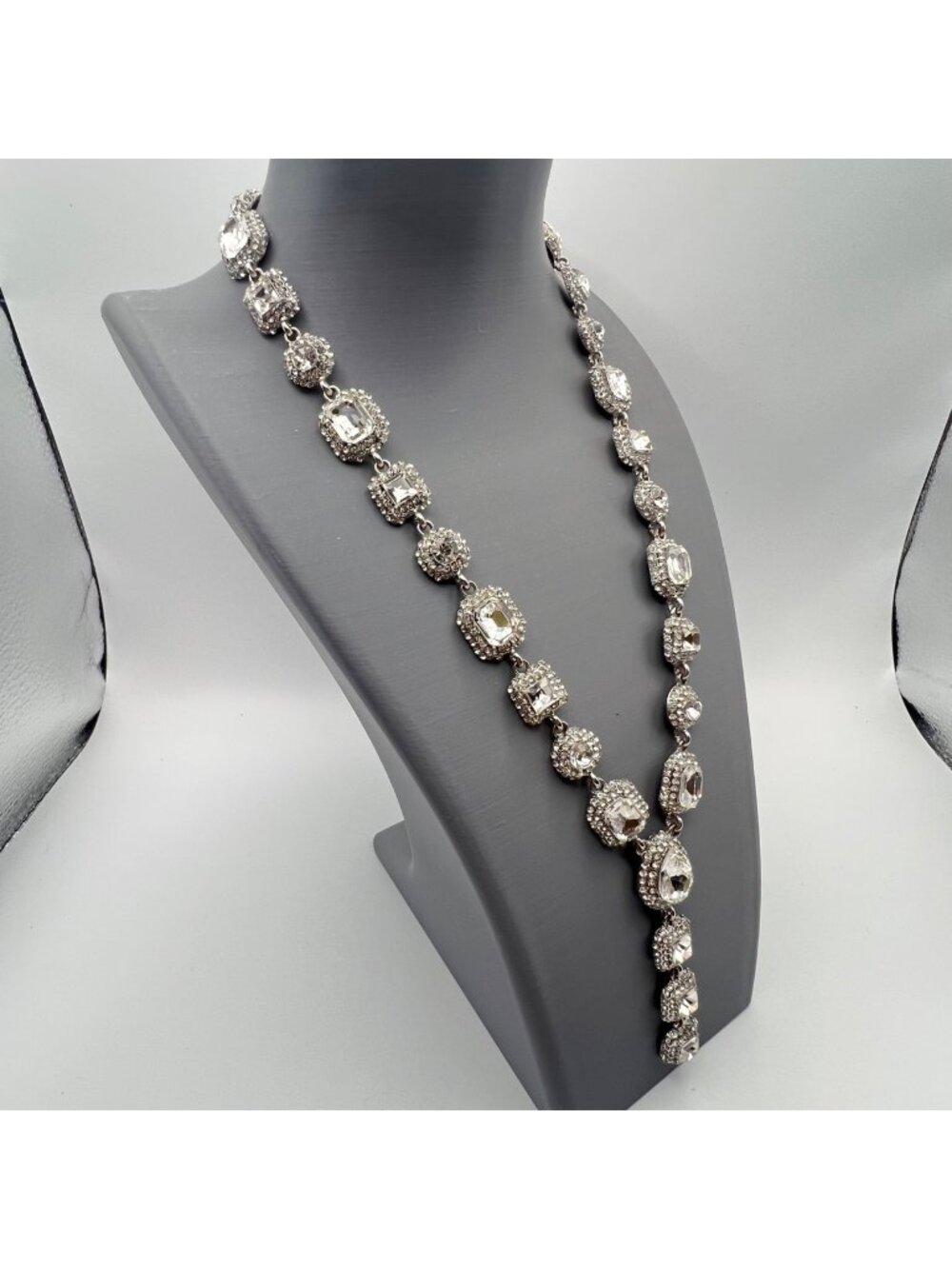 Crystal Rhinestone Statement Necklace Silver-Tone 18-20.5" Y Drop Bridal Pageant